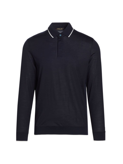 Shop Loro Piana Men's Wool Jersey Long-sleeve Polo In Blue Navy
