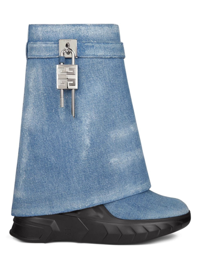 Shop Givenchy Women's Shark Lock Biker Ankle Boots In Denim In Medium Blue