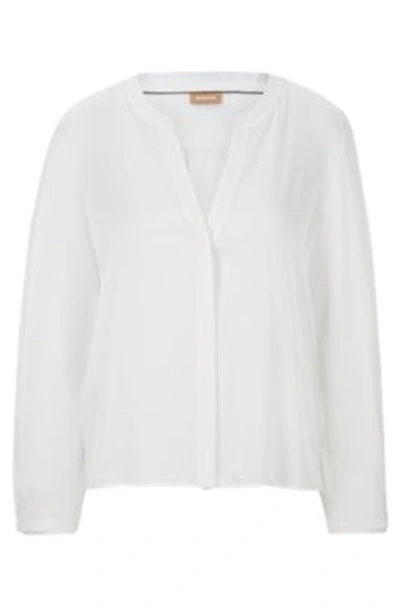 Shop Hugo Boss Collarless Relaxed-fit Blouse In Stretch Silk In White