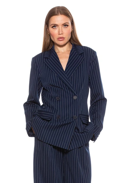 Shop Alexia Admor Indigo Oversize Pinstripe Double Breasted Blazer In Navy Stripe