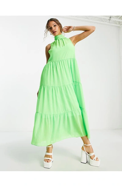 Asos Design Tiered Chiffon Midi Dress In Medium Green