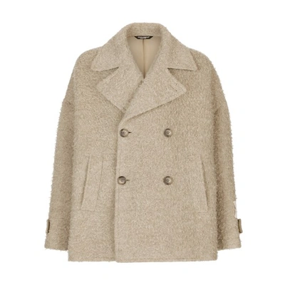 Shop Dolce & Gabbana Wool And Cotton Pea Coat In Grey_beige_2