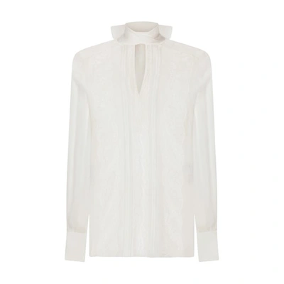 Shop Dolce & Gabbana Chiffon And Lace Pussy-bow Blouse In Natural_white