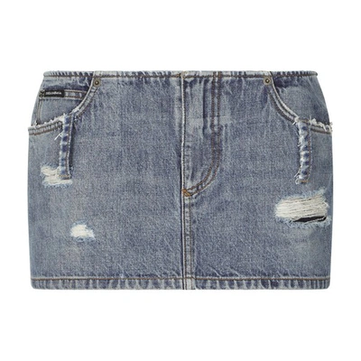 Shop Dolce & Gabbana Denim Mini Skirt With Rips In Combined_colour