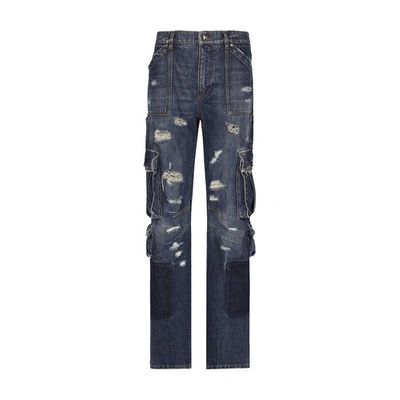 Shop Dolce & Gabbana Denim Cargo Jeans With Rips In Combined_colour