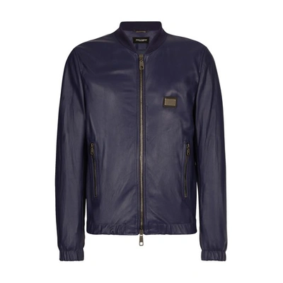 Shop Dolce & Gabbana Leather Jacket With Branded Tag In Blue