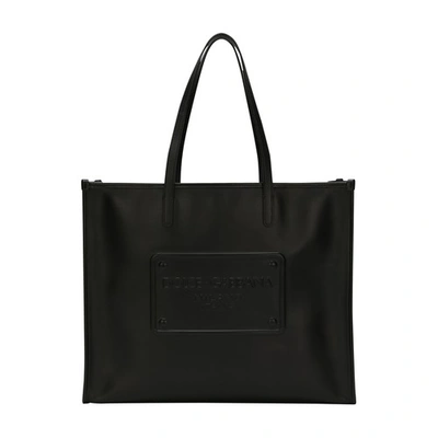 Shop Dolce & Gabbana Calfskin Shopper With Raised Logo In Black