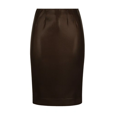 Shop Dolce & Gabbana Midi Skirt In Shiny Satin In Dark_brown_4
