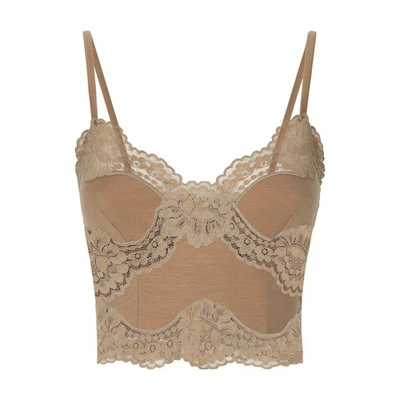 Shop Dolce & Gabbana Wool Jersey Lingerie Crop Top With Lace In Light_hazel_1