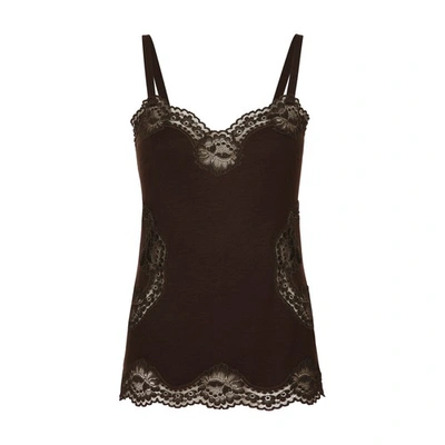 Shop Dolce & Gabbana Wool Jersey Lingerie Top With Lace In Dark_brown_4