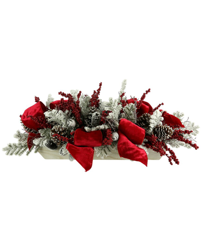 Creative Displays Snow Covered Evergreen And Pinecone Holiday Arrangement With Bows In Red