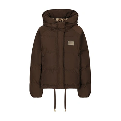 Shop Dolce & Gabbana Padded Nylon Jacket With Logo Tag In Brown_grey_4
