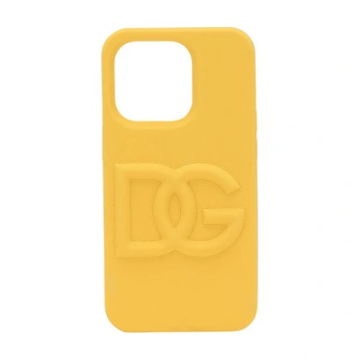 Shop Dolce & Gabbana Branded Rubber Iphone 14 Pro Cover In Yellow