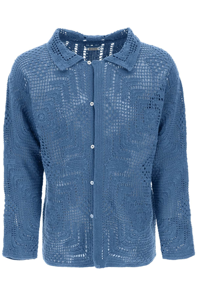 Shop Bode Overdyed Crochet Shirt In Petrol (blue)