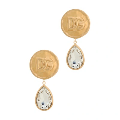 Shop Dolce & Gabbana Earrings With Rhinestone Pendants In Gold