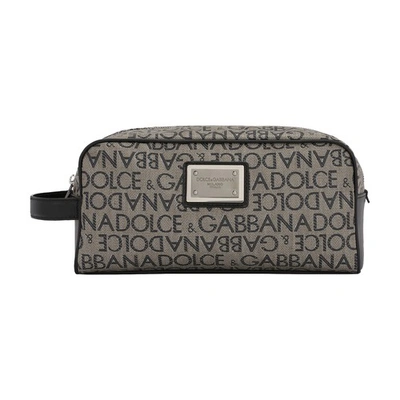 Shop Dolce & Gabbana Coated Jacquard Toiletry Bag In Brown_black