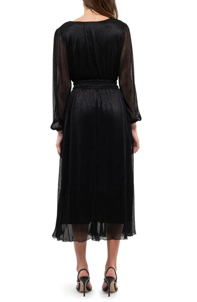 Shop August Sky Plissé Long Sleeve Midi Dress In Black