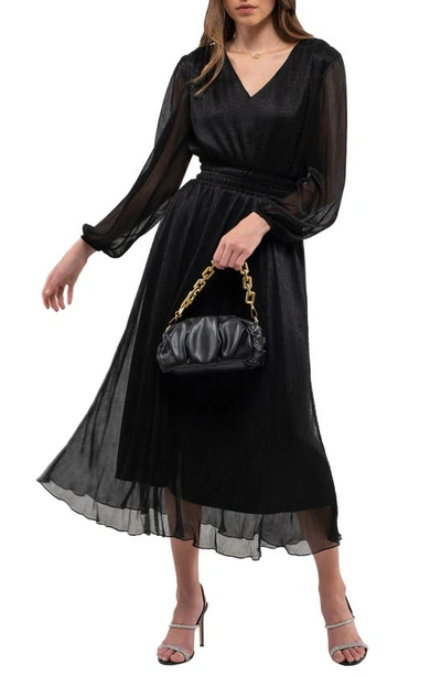 Shop August Sky Plissé Long Sleeve Midi Dress In Black