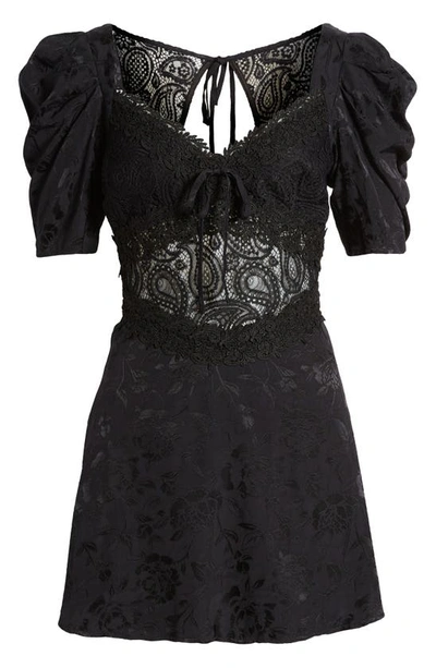 Shop For Love & Lemons Danielle Open Back Lace & Damask Minidress In Black