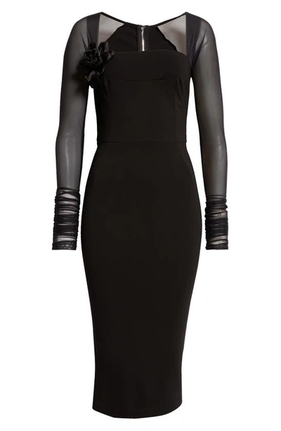 Shop Dolce & Gabbana Rose Detail Long Sleeve Tulle & Jersey Midi Dress In Black