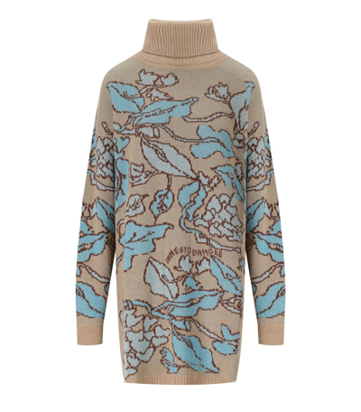 Shop Twinset Jacquard Hearts And Leafs Beige Turtleneck Maxi Jumper