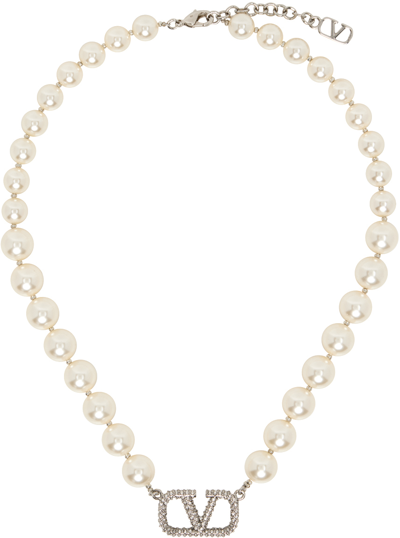 Shop Valentino White Vlogo Signature Pearl Necklace In Zqr Cream/silver