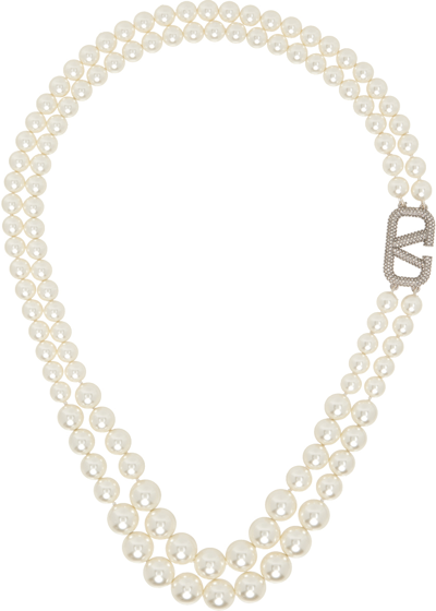 Shop Valentino White Vlogo Signature Pearl Necklace In K0w Pallad/cream Cry