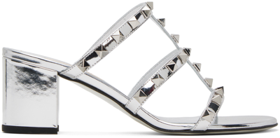 Shop Valentino Silver Rockstud Heeled Sandals In S13 Silver