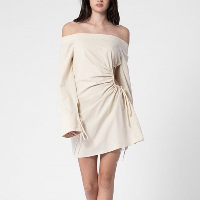 Shop Summer Wren Beige Cotton Off The Shoulder One Side Cut Out Dress In White
