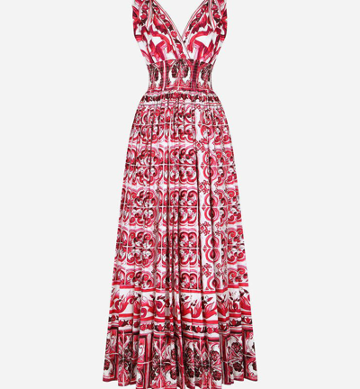 Shop Dolce & Gabbana Long Majolica-print Poplin Dress In Red