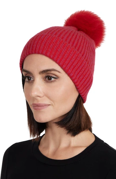 Stewart Of Scotland Two-tone Rib Knit Beanie With Genuine Shearling Pom In Red Pink