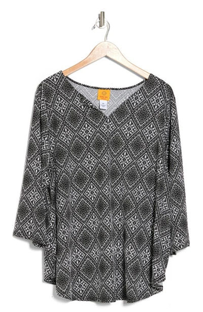 Shop Ruby Rd. Diamond Print Puff Sleeve Pullover In Black / Ivory