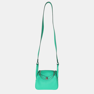 Pre-owned Hermes Clemence Methane Mini Lindy 20 Phw In Green