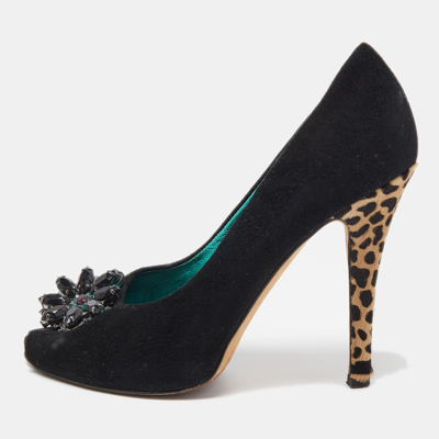 Pre-owned Giuseppe Zanotti Black Suede Crystal Embellished Peep Toe Platform Pumps Size 37.5