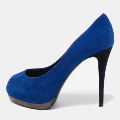 Pre-owned Giuseppe Zanotti Blue Suede Peep Toe Platform Pumps Size 37