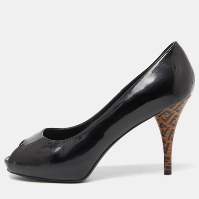 Pre-owned Fendi Black Patent Leather Ff Heel Peep Toe Pumps Size 38