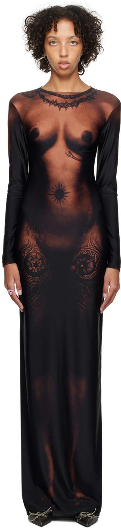 Shop Jean Paul Gaultier Black & Brown 'the Long Ebony Body Tattoo' Maxi Dress In 67 Darknude
