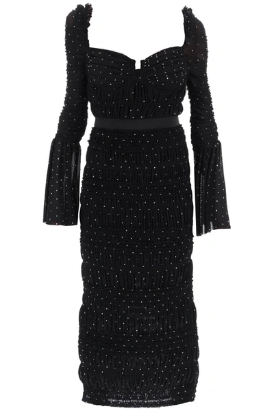 Shop Self-portrait Self Portrait Midi Dress In Rhinestone-studded Mesh In Black