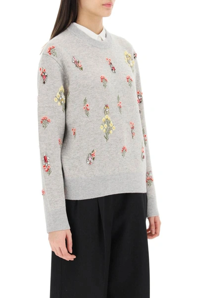 Shop Burberry 'lorena' Pullover With Floral Embroidery And Crystals In Grey