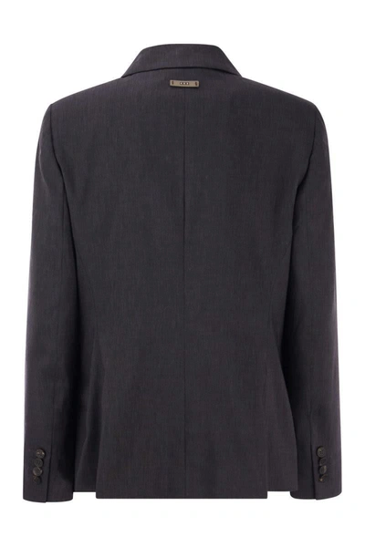 Shop Peserico Wool And Linen Canvas Double-breasted Blazer In Dark Blue