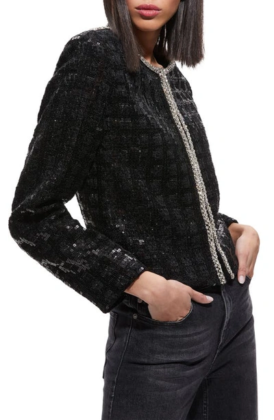 Shop Alice And Olivia Kidman Jewel Trim Sequin Tweed Jacket In Black