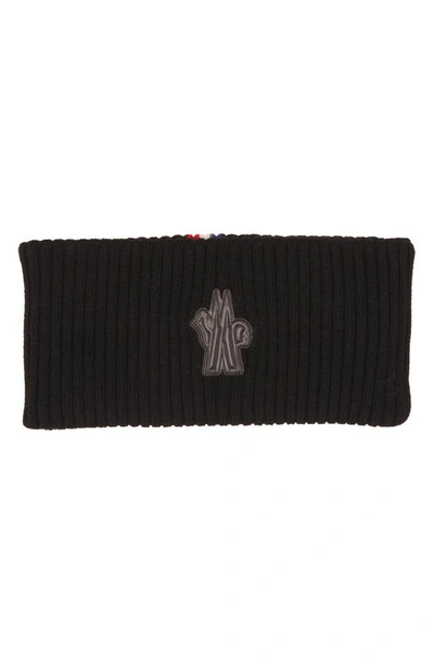 Shop Moncler Logo Embroidered Virgin Wool Rib Headband In Black