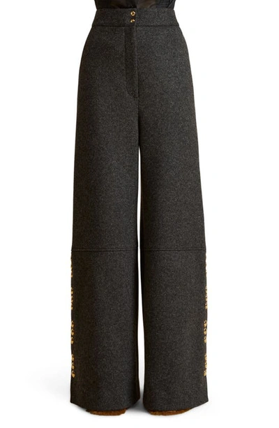 Shop Khaite Krisla Button Detail Virgin Wool Blend Wide Leg Pants In Grey Melange