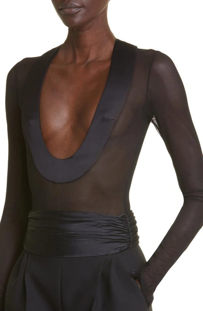 Shop Laquan Smith Semisheer Scoop Neck Long Sleeve Satin Trim Bodysuit In Black