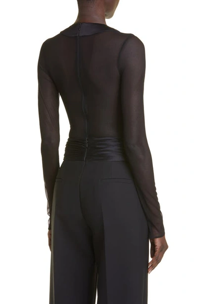 Shop Laquan Smith Semisheer Scoop Neck Long Sleeve Satin Trim Bodysuit In Black