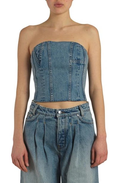 Shop Amiri Strapless Denim Bustier Top In Vintage Indigo