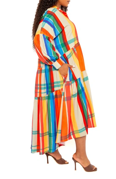 Shop Buxom Couture Plaid Long Sleeve Tiered Shirtdress In Rust Multi