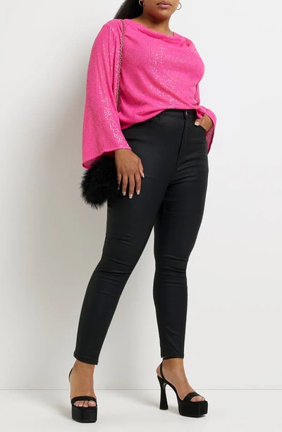Shop River Island Sequin Cowl Neck Long Sleeve Top In Pink