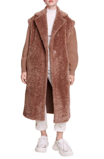 Shop Maje Mixed Media Faux Fur Coat In Brown