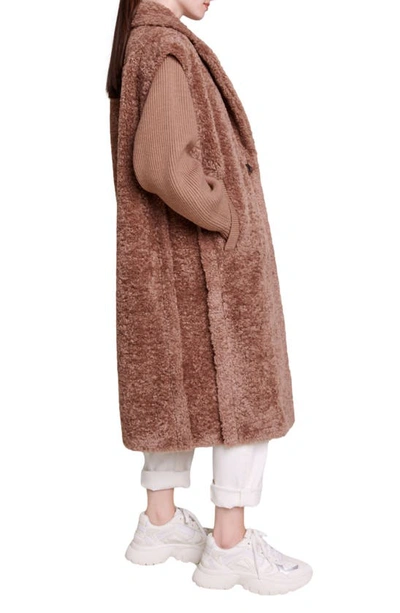 Shop Maje Mixed Media Faux Fur Coat In Brown